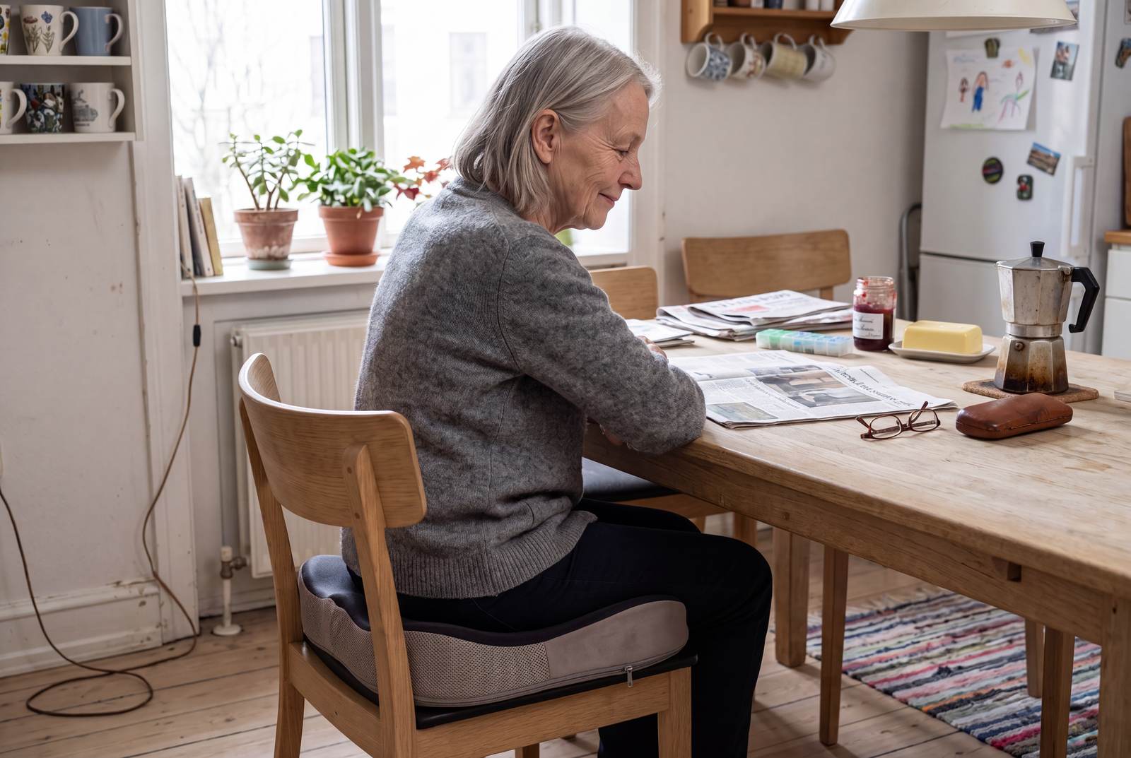 Morgenkaffen og avisen ved k&oslash;kkenbordet